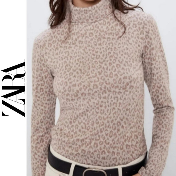ZARA Nwt Soft Touch Animal Print Long Sleeve Turtleneck, Taupe, Light Brown, S - Picture 1 of 13